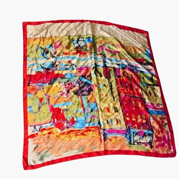 MOSI Silk Scarf Colorful Abstract Art 35x35 Inches Red Border - Picture 8 of 11